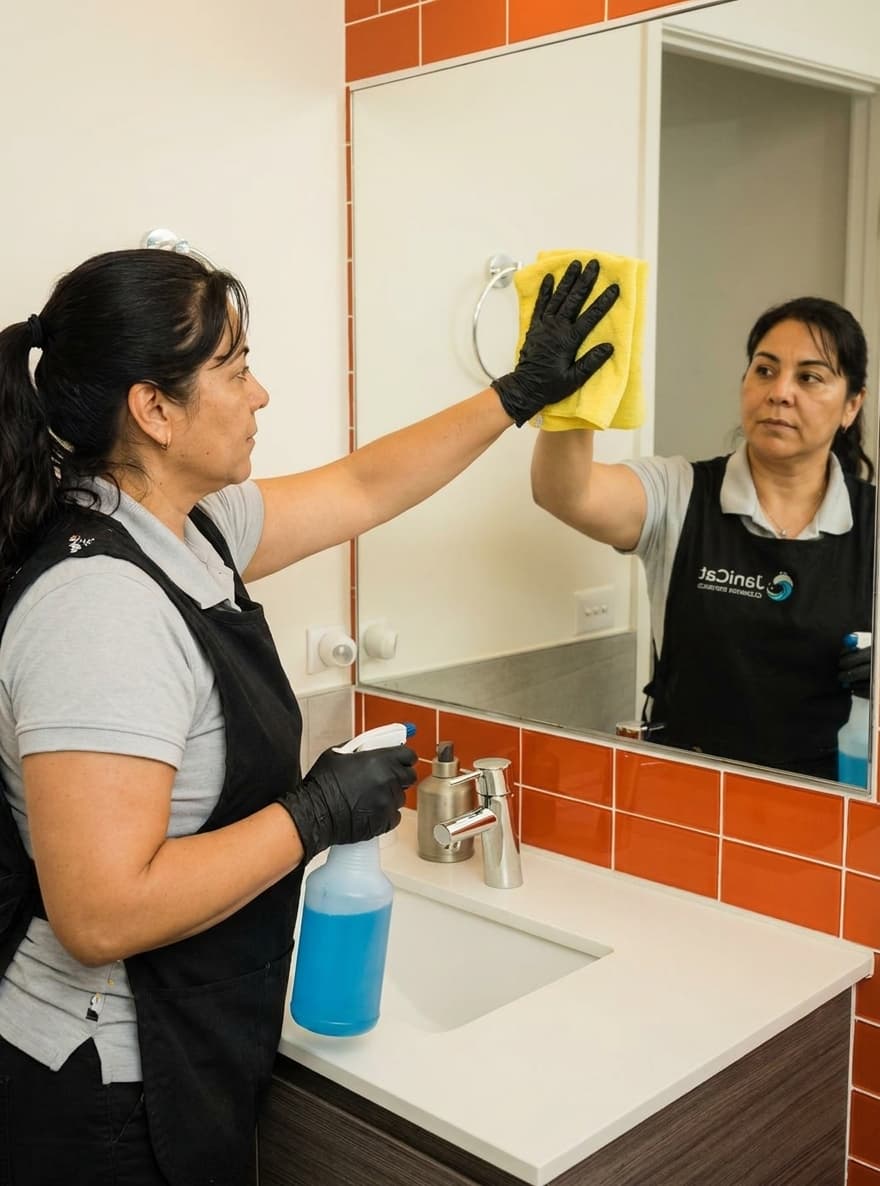 Janicat team member cleaning a residential bathroom in Seattle