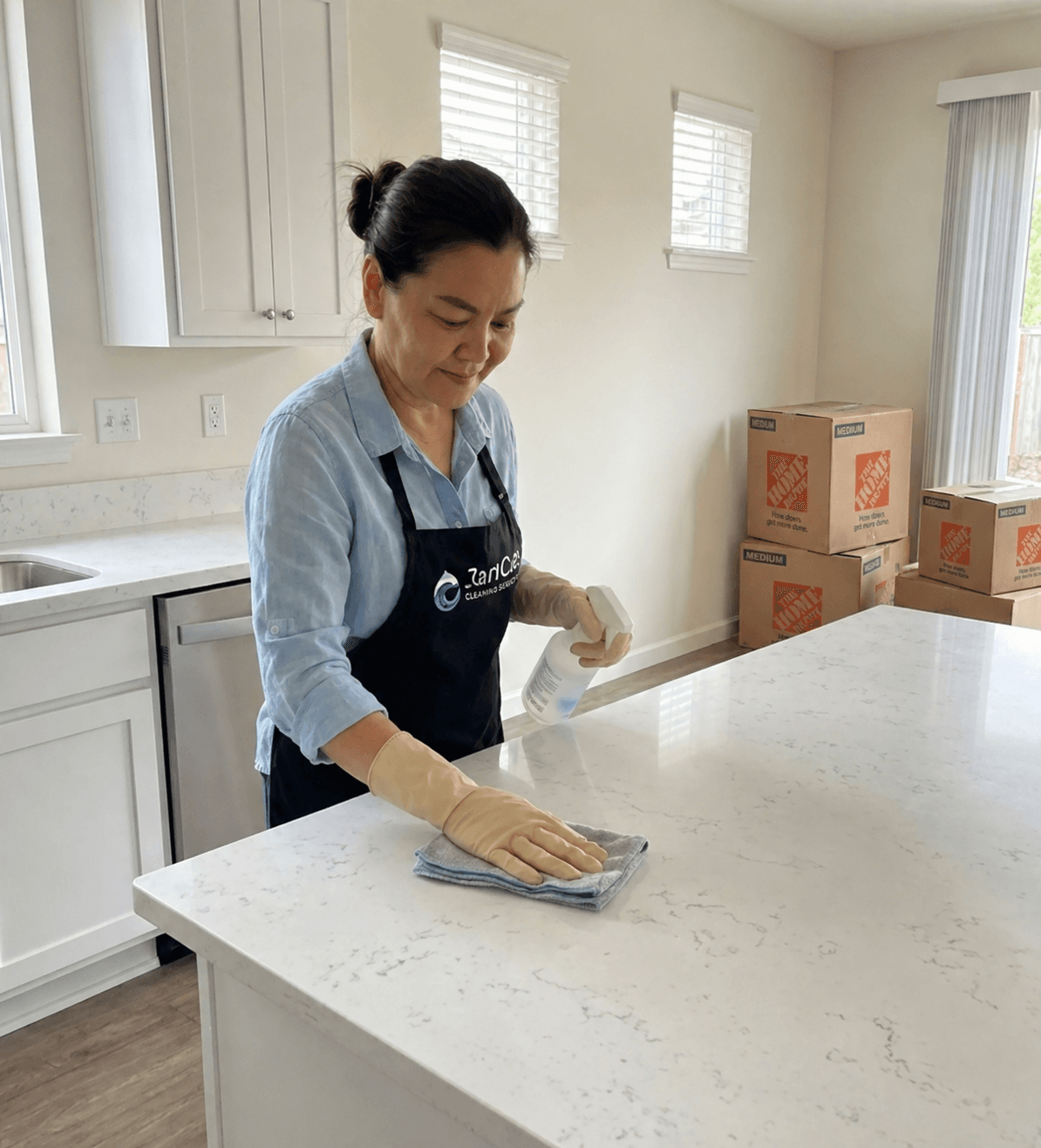 Janicat team member preparing a Seattle kitchen for move-in