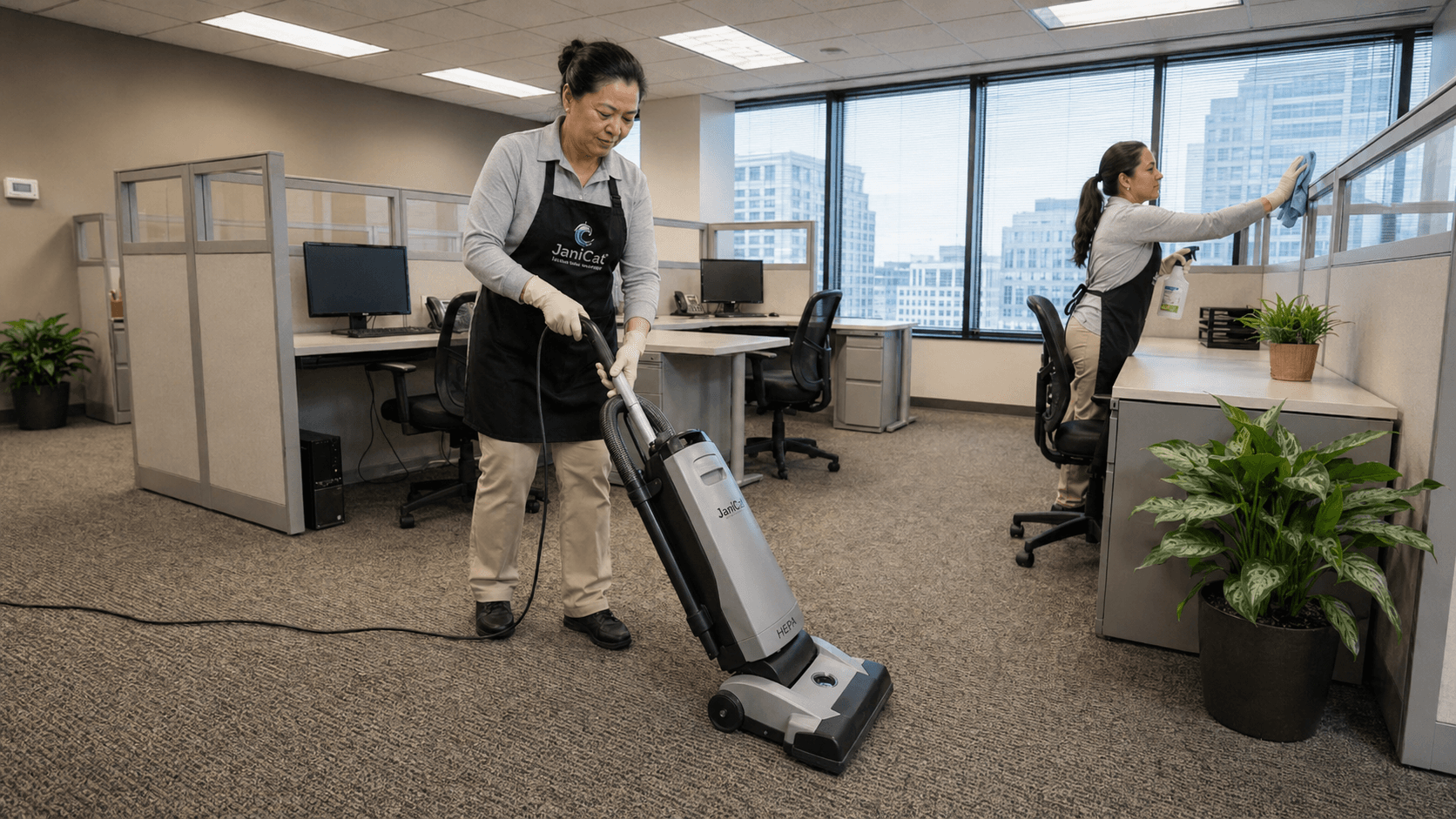 Janicat team members cleaning a downtown Seattle office