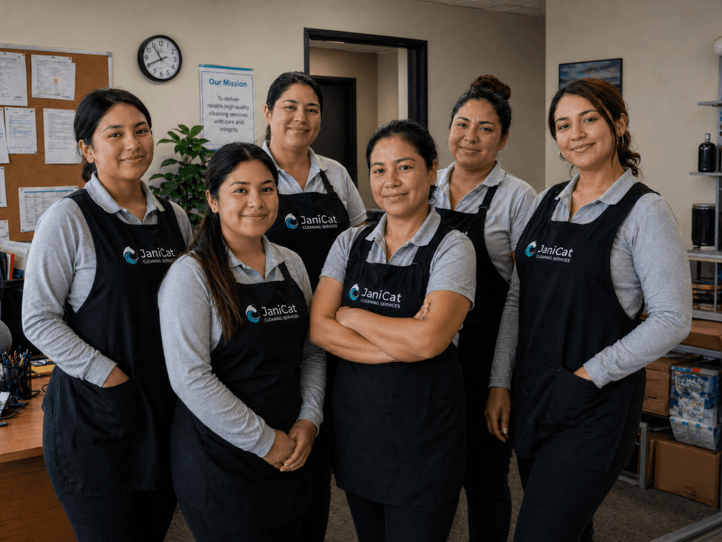 The Janicat Cleaning team — six members in branded aprons